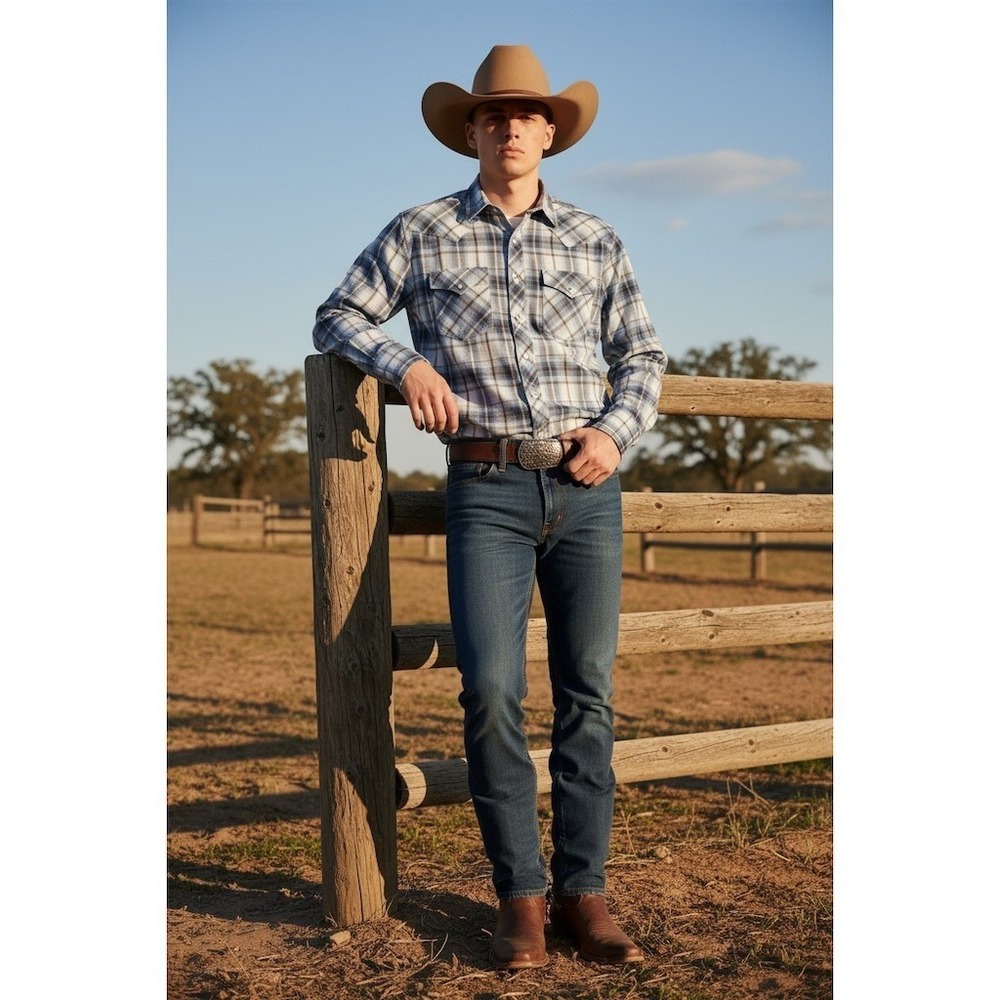 Ely Cattleman Men's Western Snap Front Shirt Blue Gray Plaid Size M‎ bushwhacker